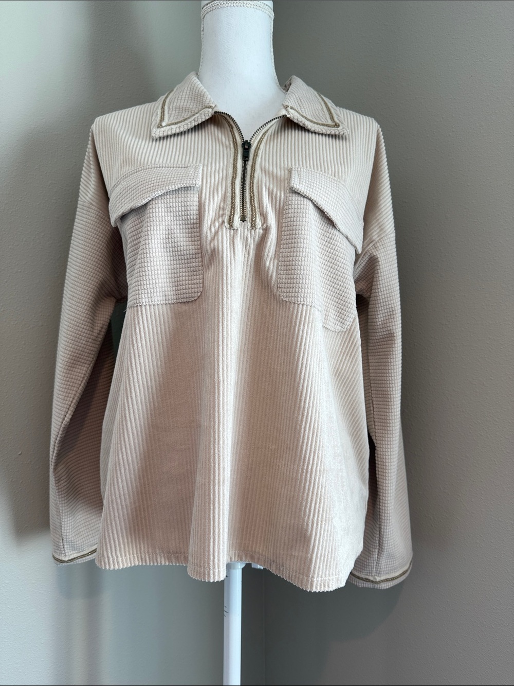 Hem & Thread | Corduroy & Waffle-Knit Half-Zip Pullover | Neutral & Metallic | L
